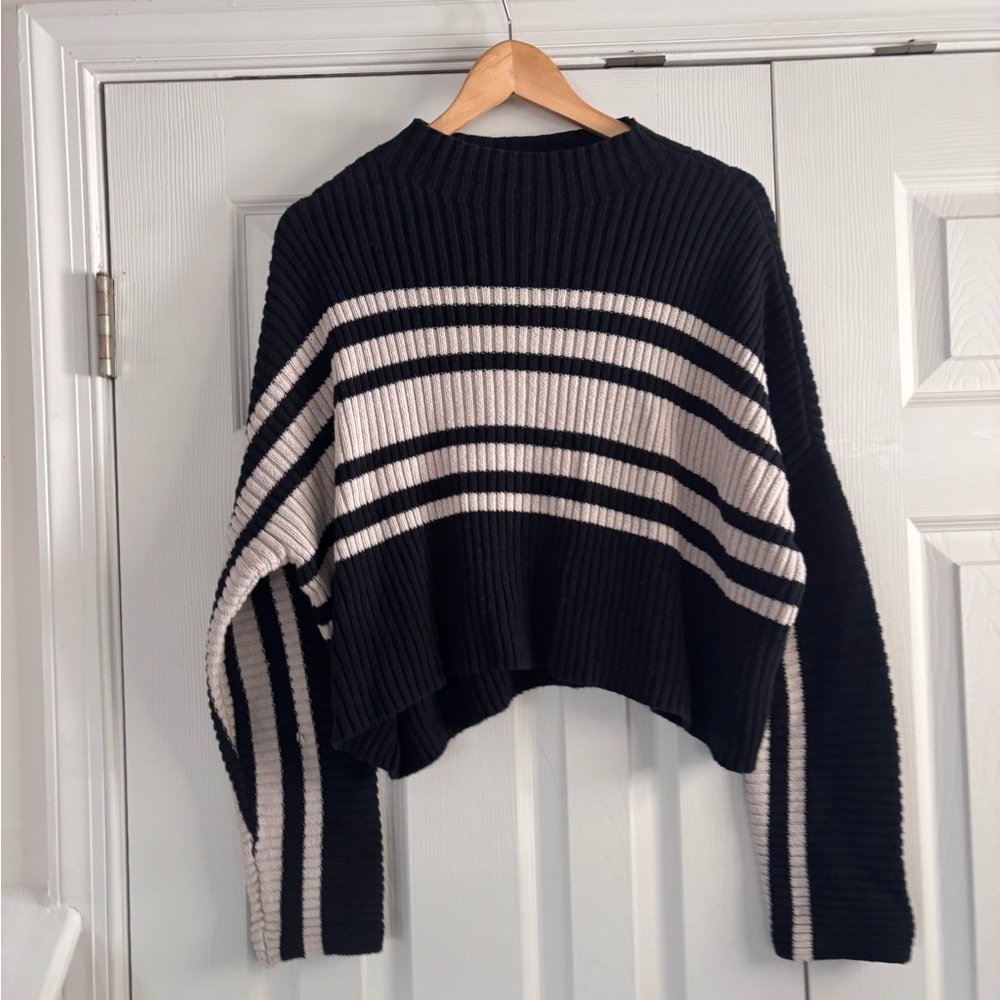 Hollister Black and White Striped Turtleneck Sweater